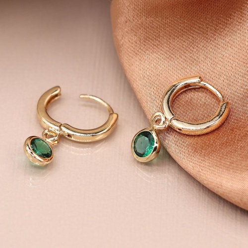 Golden Mini Hoop Earrings with Green Crystal Drops  by Peace of Mind